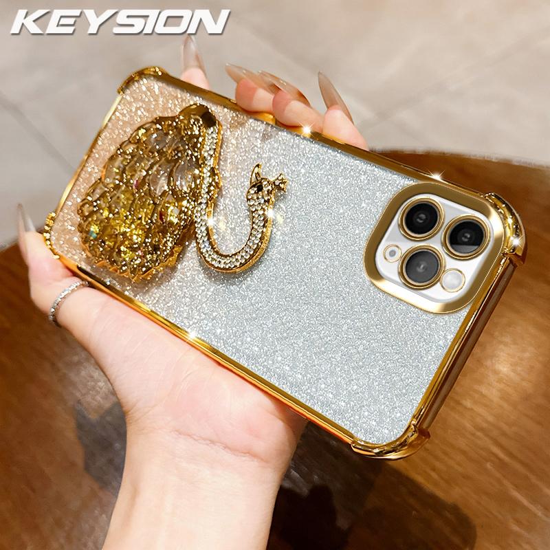 KEYSION Shockproof Plating Phone Case for iPhone 11 12 Pro Max Clear TPU Glitter Jewelled Swan kickstand Back Cover for iPhone 11