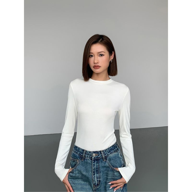 

Ouusph Black Mock-Neck Knitting Long Sleeves Silm Bottoming Shirt Women s Fall and Winter Stylish Inner Wear Elegant T-shirt Tops Milk White L