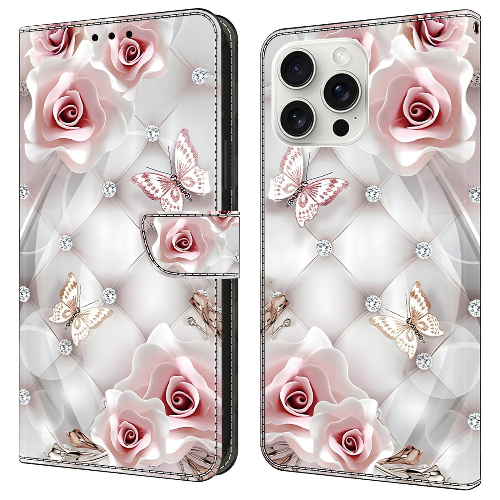 

For iPhone 16 Pro Leather Case Pattern Printing Wallet Stand Anti Drop Phone Cover Pink Butterfly
