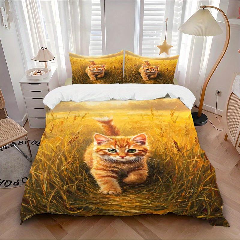 3pcs Kitten Wheat Field Bedding Set Down Comforter Cover and Pillowcases, Suitable for Guest Room Home Decoration All Seasons(No Insert) S0819046