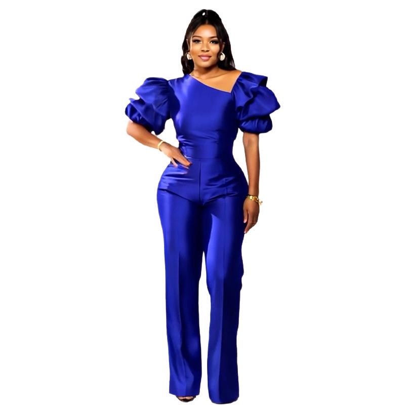 Women's One-Shoulder Stacked Sleeve Jumpsuit Party Dress 5813
