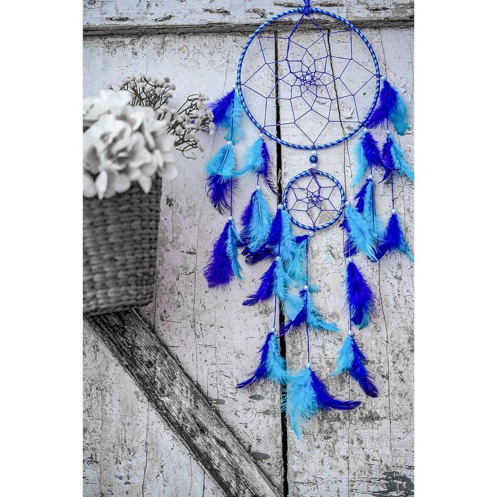 Catchers Wall Hangings, Home Décor, Handmade Dreamcatcher for Bedroom, Balcony, Garden, Party, Café, Small Ring Beaded Blue & Light Blue Feathers