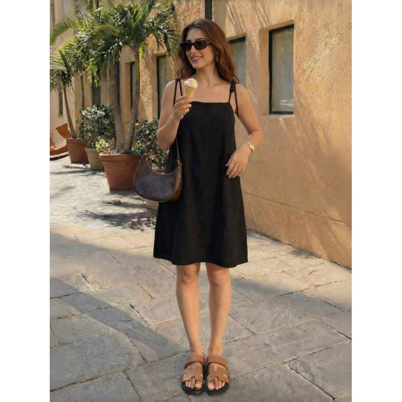 European summer new holiday style casual elegant solid color square neck thin shoulder strap strap dress S