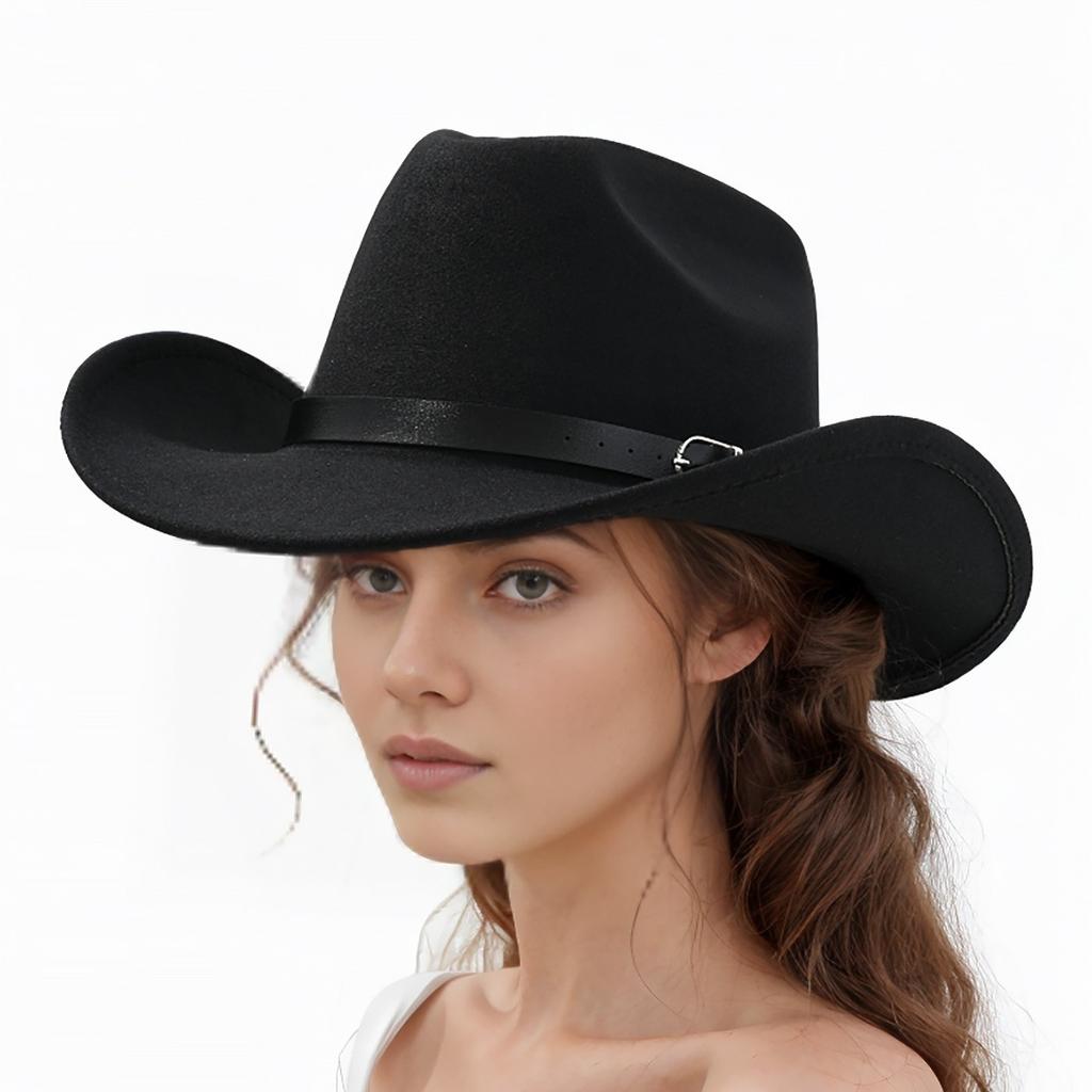 Vintage Black Cowgirl Hats with Personalized Metal Buckle Leather Belt Women Men Wide Brim Jazz Caps Western Fedora Hat