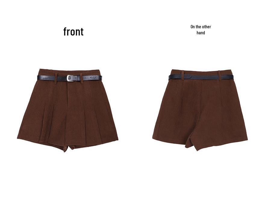 High-Waisted Khaki Corduroy A-Line Skorts for Women - 2026 Autumn/Winter Hip-Covering Pleated Wide-Leg Style.