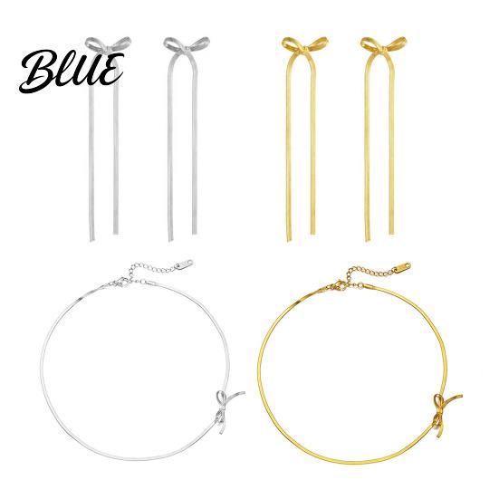 Hypoallergenic Alloy Jewelry Bow Choker Necklace Earrings Women Dangle Long