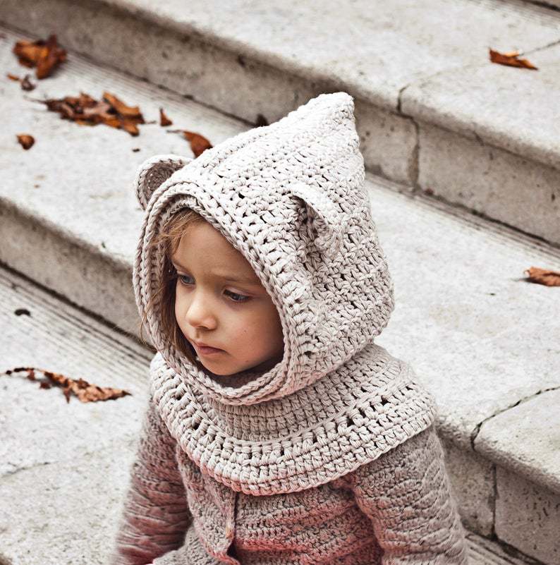 eBay Hot Sale Handmade Crochet Hat Children's Animal Ears Wool Hat Scarf Hooded Bear Hat