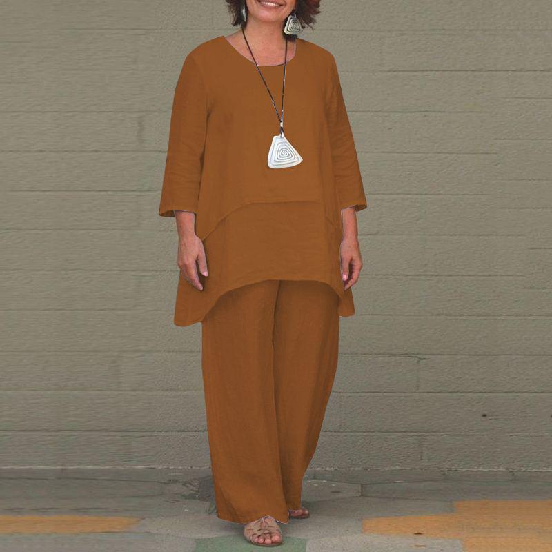 2023 EU & US Women's Cotton Linen Plus Size Casual Irregular Long Sleeve Top & Wide Leg Pants Set