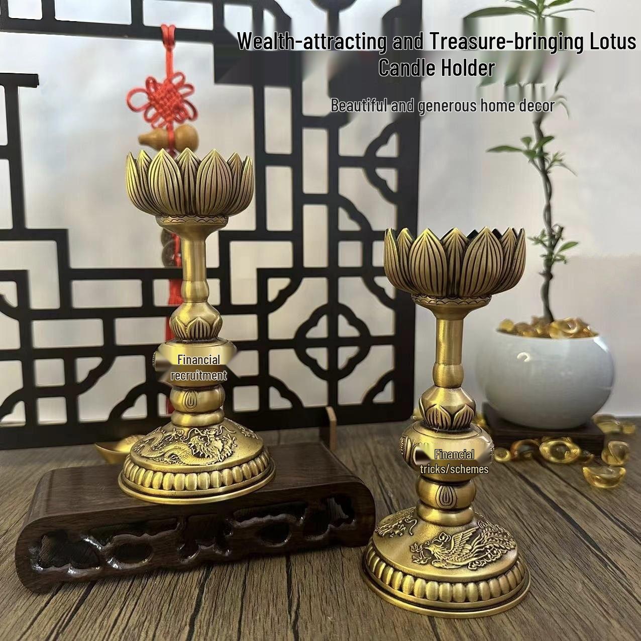 Embossed Brass Lotus Dragon & Phoenix Candle Holder Ornament Height 15.5cm, Base 7.5cm, Weight 360g