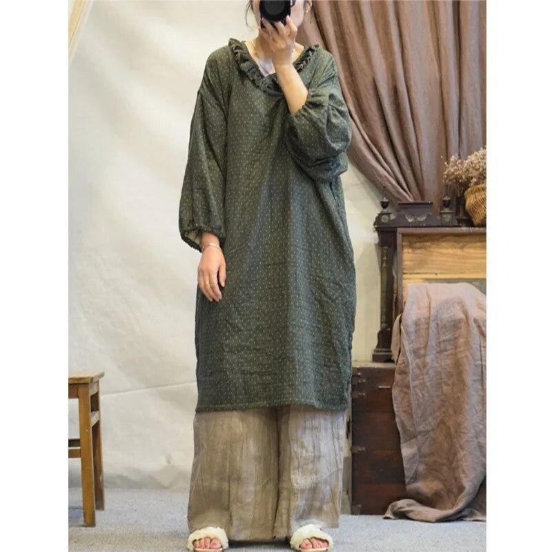 Johnature Stickerei Waschen Baumwolle Vintage Kleid Herbst Frau Lange Ärmeln Lose Beiläufige Kleid