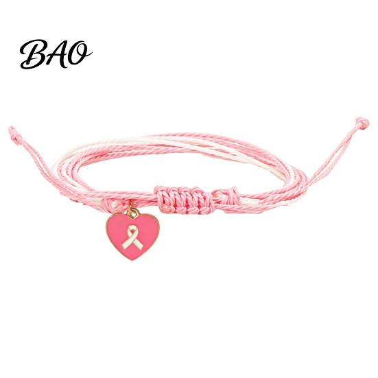 Soft Multi Strand Rope Bracelet Breast Cancer Awareness for Women, Adjustable Woven String with Heart Butterfly Alloy Pendants Ribbon Charm, Handmade