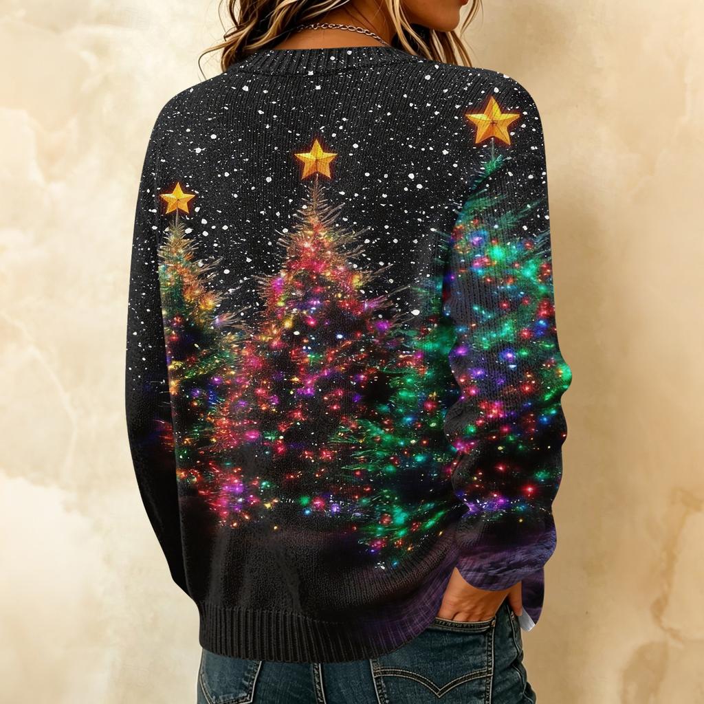 Women's Casual Christmas Print Long Sleeve Knit Cardigan Button Front Sweater for Fall