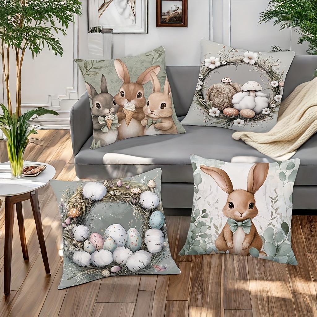 Easter Theme Bunny Cushion Covers Square White Rabbit Brown Rabbit Embracing Easter Egg Printed Pillowcase Sofa Bedroom Decor