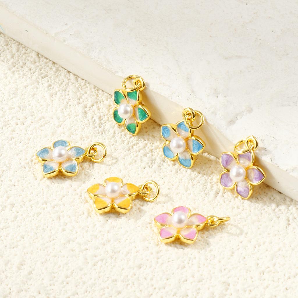 2Pcs Flower Charms Enamel Acrylic Imitation Pearl Brass 18K Gold Plated Pendants For DIY Necklace Jewelry Making 18mmx13mm