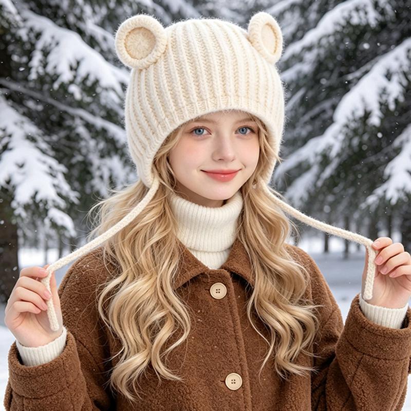 Cute Baby Bear Ear Knit Hat with Tie Strings Warm Winter Bonnet for Infants Toddlers Soft