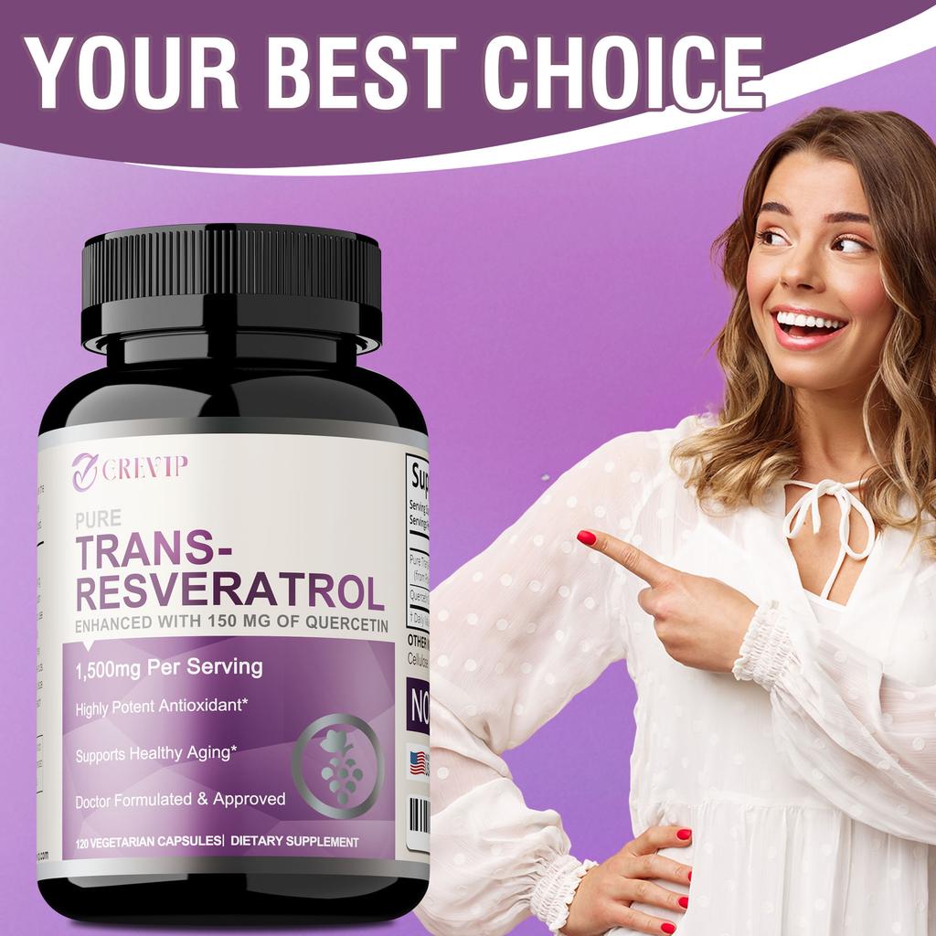 GREVIP Reine Trans-Resveratrol und Quercetin Kombinationskapseln, Leicht Absorbiert, 120 Kapseln, Geeignet für Erwachsene