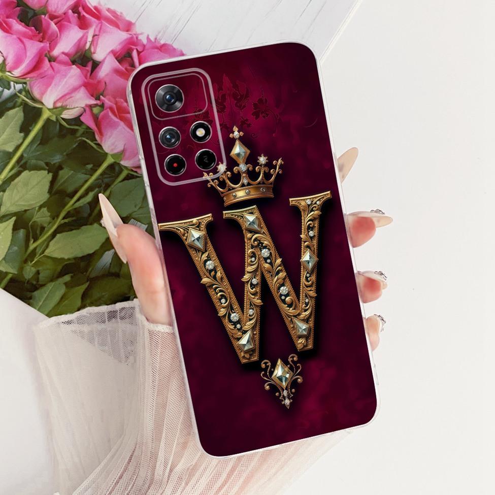 For Xiaomi Poco M4 Pro 5G Case Transparent Luxury Crown A-Z Letters 2D Flat Pattern Soft Phone Case 21091116AG MZB0BGVIN