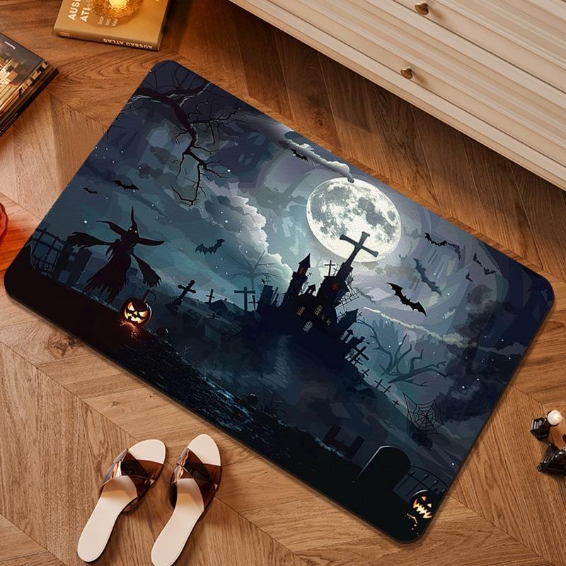 Patterned Door Mat Set With Scarecrow Bat And Spooky Scene Designs Artistic Decor Mat For Entryway For Home Decor