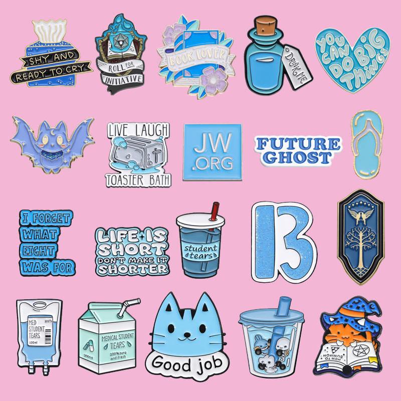 Cartoon Character Unique Brooch Set Playful Blue Enamel Metal Pins Assorted Styles For Unisex Accessories Fashion