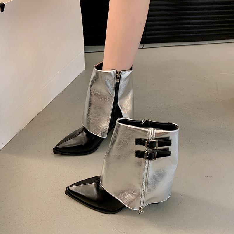 Autumn New Pointed Toe Sleeve Anti-Slip Wear-Resistant Mid-Tube Boots Belt Buckle Side Zipper Stiletto