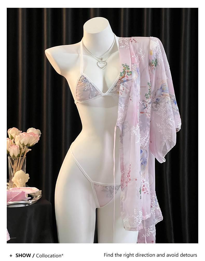 Elegant Japanese Chiffon Kimono Nightgown with Bow Embroidery