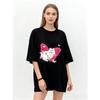 Oversized T Shirt Black Cat With Pink Wings And Butterflies Print For Casual Wear