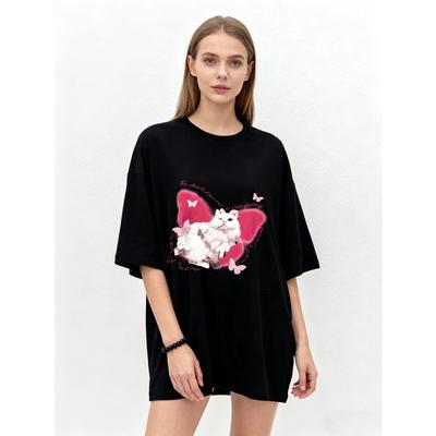 Oversized T Shirt Black Cat With Pink Wings And Butterflies Print For Casual Wear