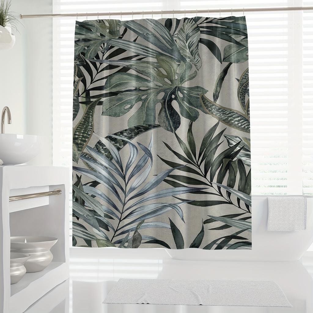 Tropical Leaf Print Shower Curtain - Polyester,  Lush Green & Black Banana Leaf Design, Modern All-Season Decor