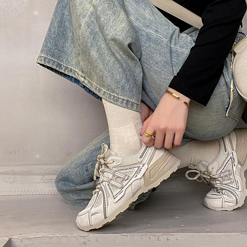 Leather retro mesh breathable running sneakers women's 2025 autumn new thick-soled versatile little dad shoes