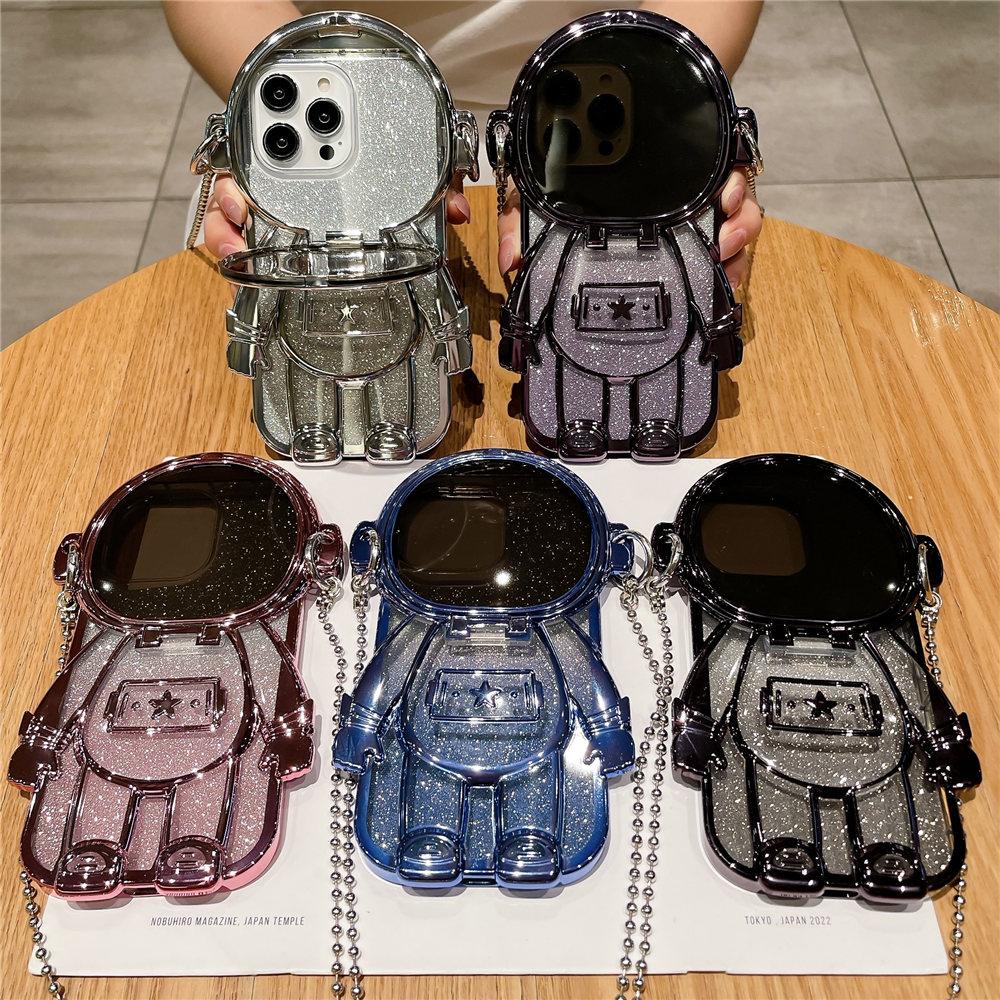 3D Astronaut Mirror Makup Clear Crossbody Phone Case For iPhone 16 15 14 Plus 13 12 11 Pro Max Glitter Shockproof Cover