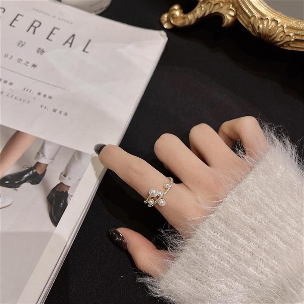Women Double-deck Pearl Ring Adjustable Festival Wedding Engagement School Beach Shop Trendy Jewelry for Girls