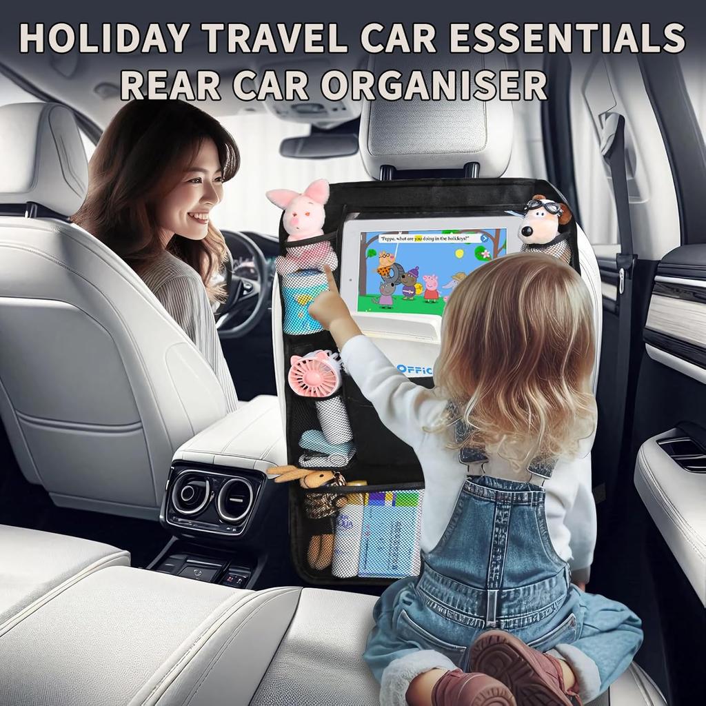Backseat Car Organizer With Touch Screen Tablet Holder, Storage Pockets, Foldable Food Tray, Kick Mats Back Seat Protector, Travel Accessories For