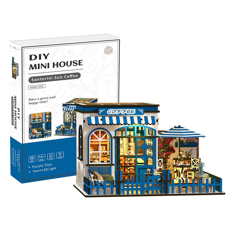 

НОВЫЕ Деревянные Фигурки Санторини Солнечный Кофейный Дом DIY Миниатюрные Наборы Со Светодиодной Подсветкой Домашний Настольный Декор Для Взрослых Ручная Работа Подарки