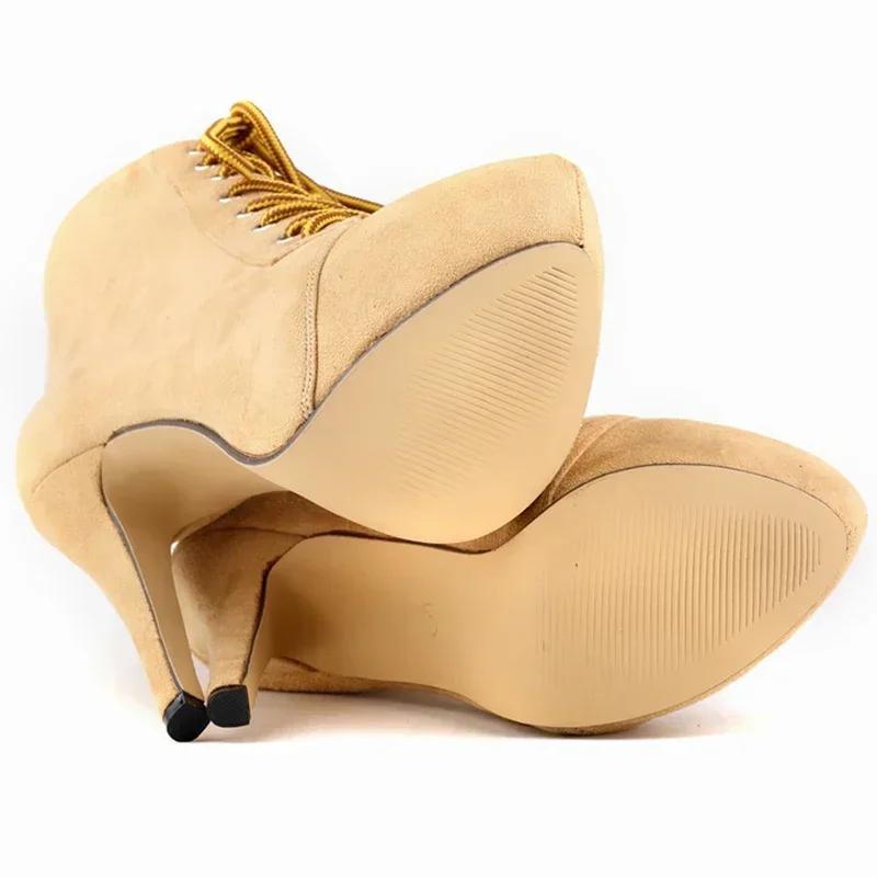 Women Boots Stiletto Autumn Winter Fashion 14cm Sexy Platform Round Toe High Heels Pumps Lace-Up Ankle Flock Shoes Large Size 43