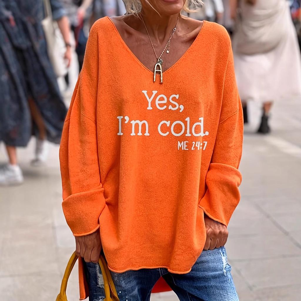European and American Amazon Unique Street Fashion Loose Casual Solid Color Letter Print V-neck Sweater for Women