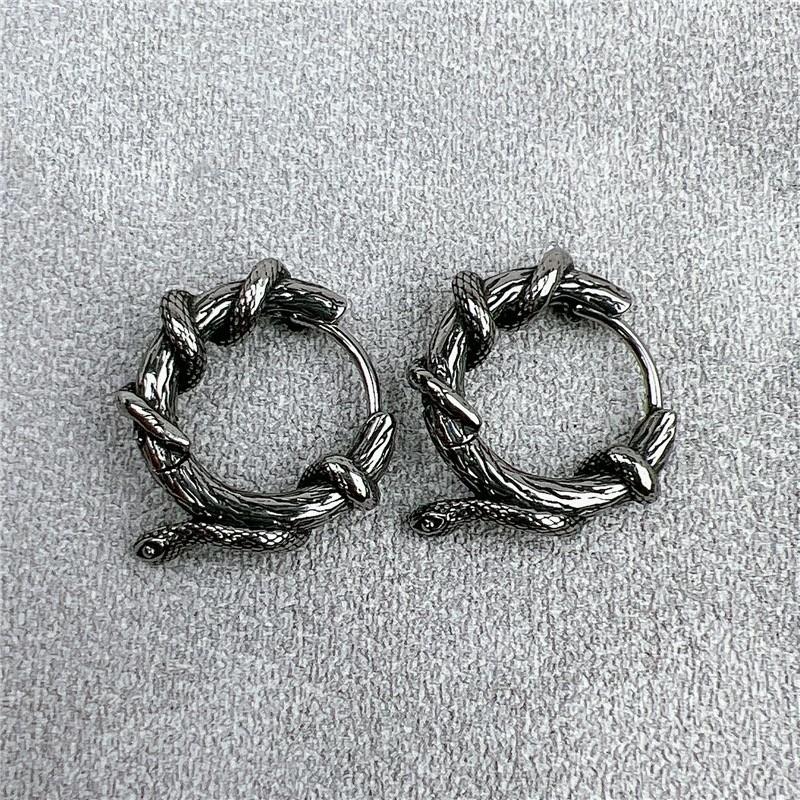 Hiphop Punk Snake Tangled Hoop Earrings for Men Women Vintage Black Geometric Circular Ear Buckle Rock Rap Jewelry Gift