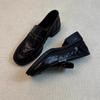 Soft leather! Loafers women's retro British style round head rivet pleated one pedal thick heel black small leather shoes