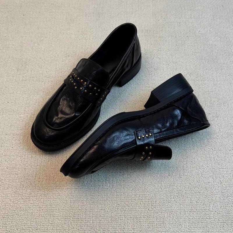 Soft leather! Loafers women's retro British style round head rivet pleated one pedal thick heel black small leather shoes