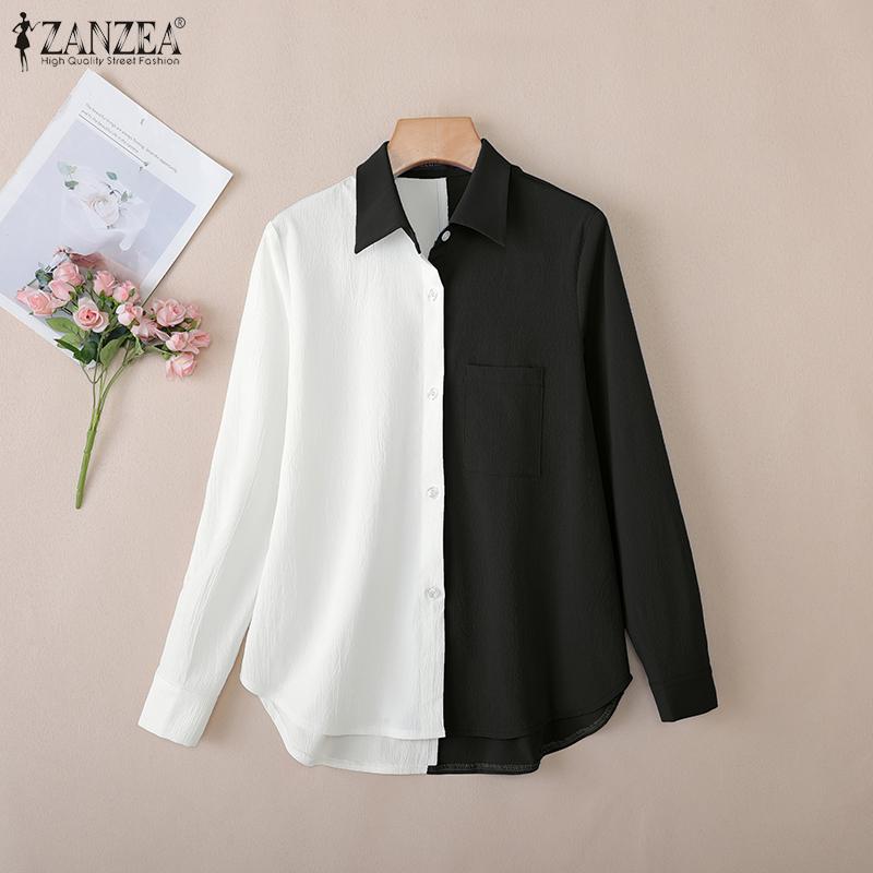 ZANZEA Women Casual Turn Down Collar Loose Long Sleeve Patchwork Blouse