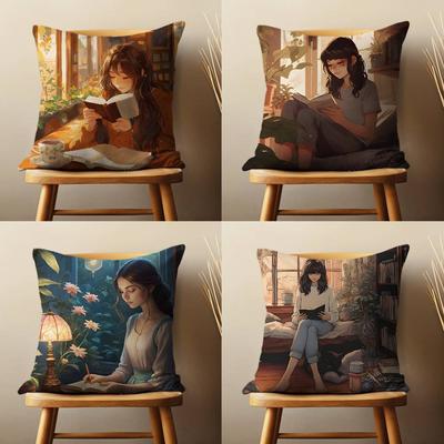 Illustration Art Read Book Pillow Case Living Room Sofa Cushion Cover Suitable For Home Bedroom Decoration And Protector