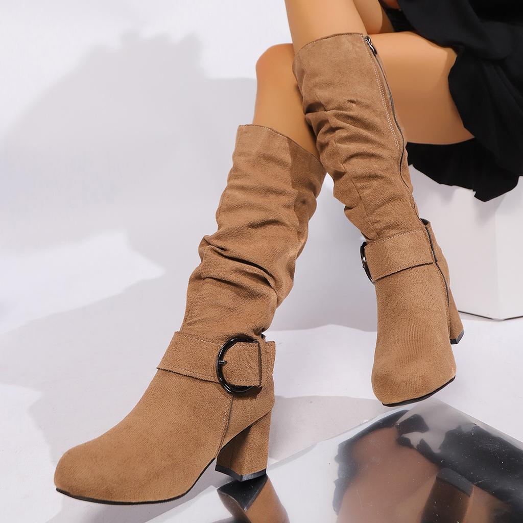 Winter Elegant Black Knee High Boots Women Classic Brown High Heelsmid-calf Boots Keep Warm with Zipper Big Size 43 Boots Women