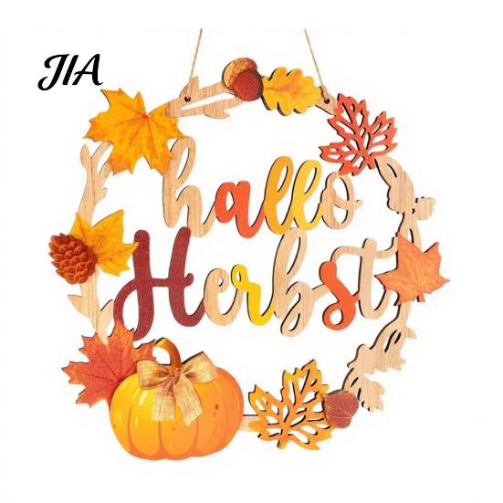 Hello Autumn Wood Plaque Harvest Wooden Wreath Pendant, Front Door Hanging Ornaments with Hemp Rope, Natural Fall Sign Pumpkins Maple Leaves