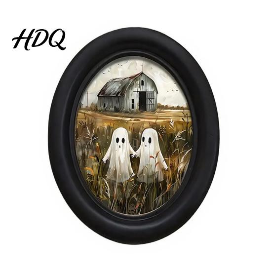 Soft Dark Tone Art Halloween Ghost Wall Art Cute Table Sign Vintage Oval Framed Academia Decor Picture Decorative for Mantel Living Room