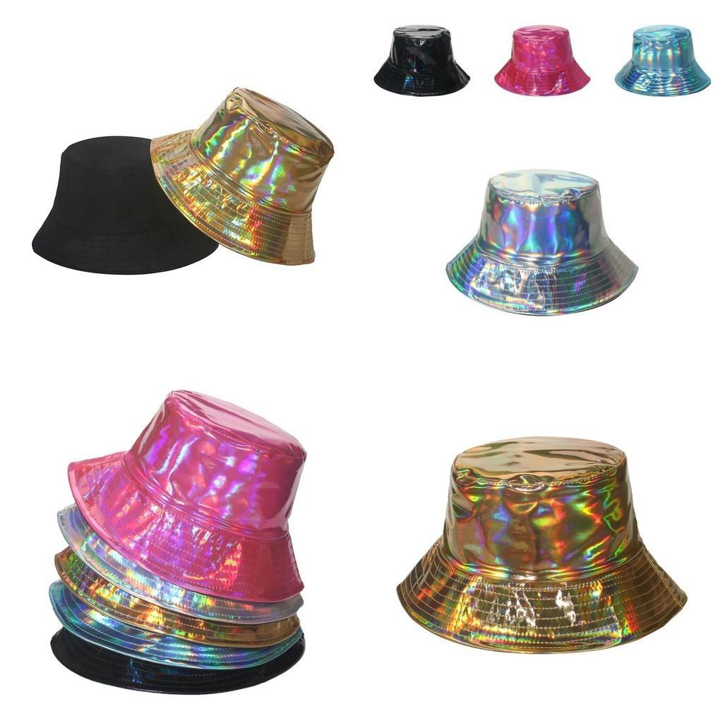 Stilvoller Hip-Hop Street Laser Metall PU Fischerhut für Männer Frauen Bühnenauftritt