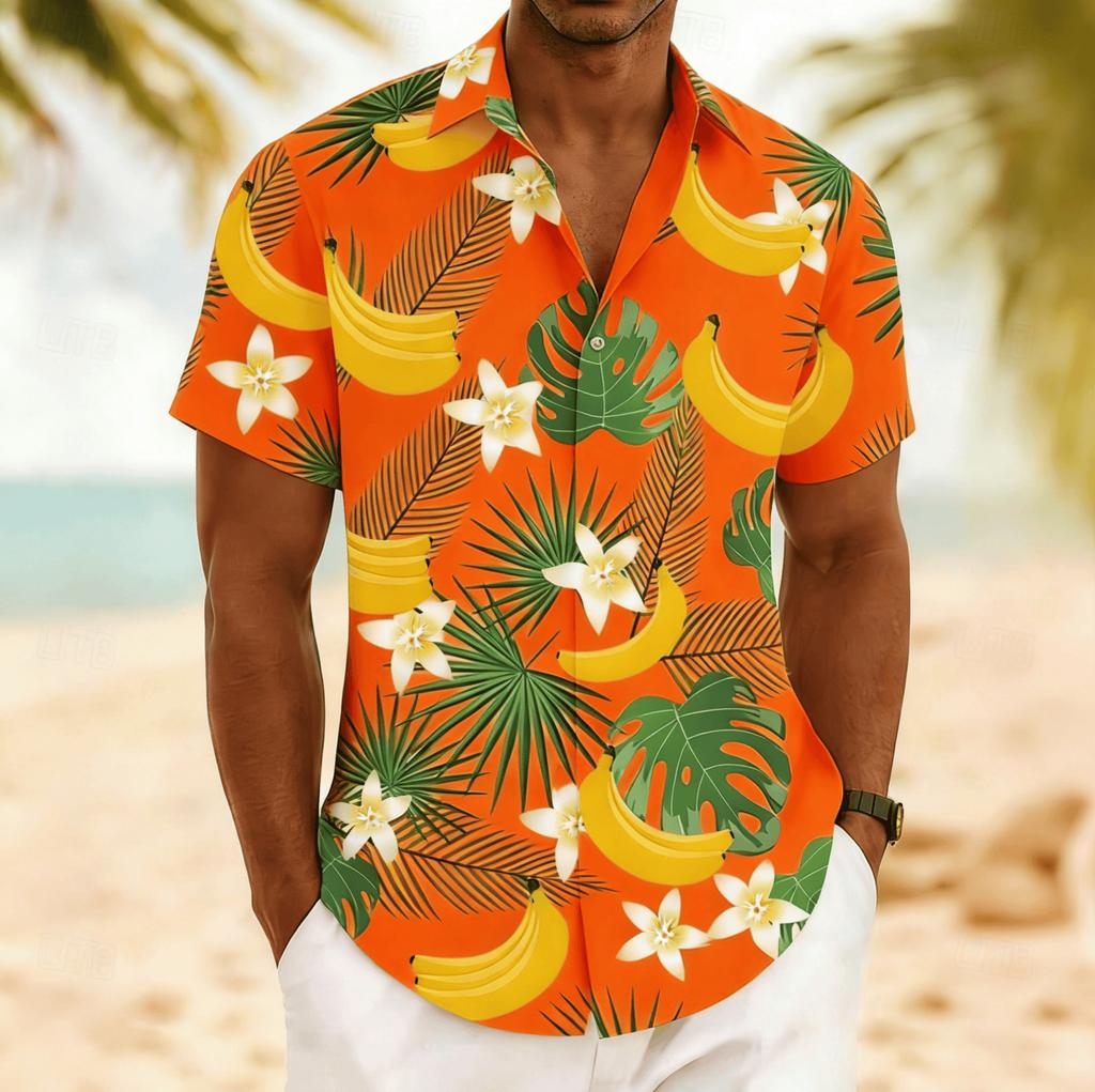Men's Short Sleeve Hawaiian Shirt Stripe Banana Tropical Fruit Print Loose Casual Vacation Top