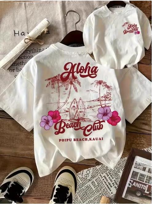 

Summer Seaside Surfboard and Letter Print Shortsleeved Tshirt Casual and Versatile Style Suitable for Women To Wear in Summer 4XL