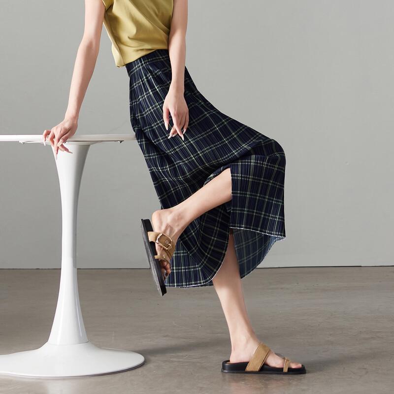 SOFSIL 2026 Summer Pleated Plaid Midi Skirt