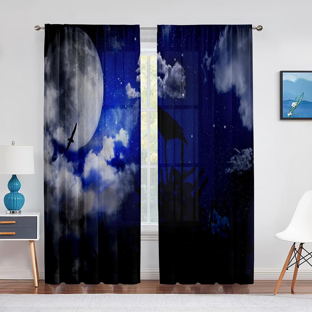 Full Moon Fantasy Starry Sky Night Scene Tulle Curtains for Living Room Bedroom Kitchen Decor Sheer Voile Curtain Organza Drapes