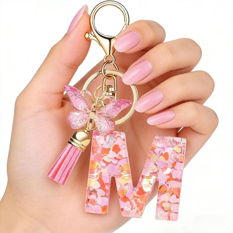 English Alphabet Letter Tassels Keychain Pink Butterfly Pendant Key Chain Women Car Key Ring Bag Jewelry Simple Letter Name Gift