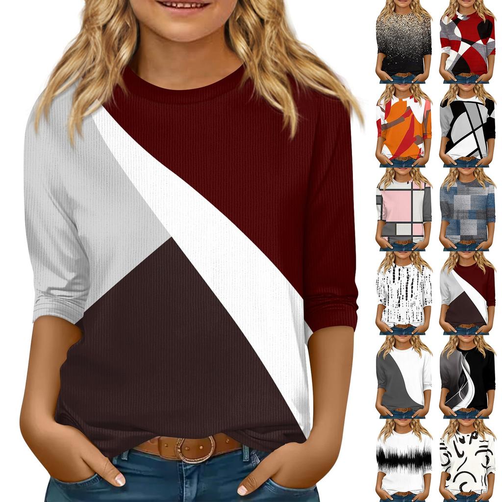 Children's 3/4 Sleeve Tops Knit  Casual  Print T Shirt Round Neck Pullover Blouse